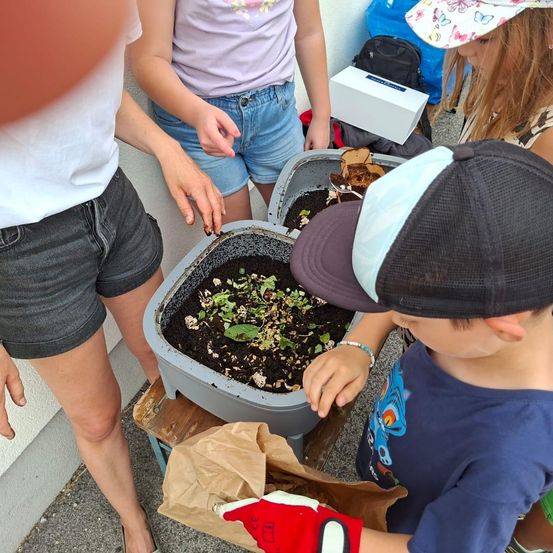 Eine Gruppe von Kindern pflanzt in einem erhöhten Gartenbeet. Ein Kind trägt einen Hut und Handschuhe.