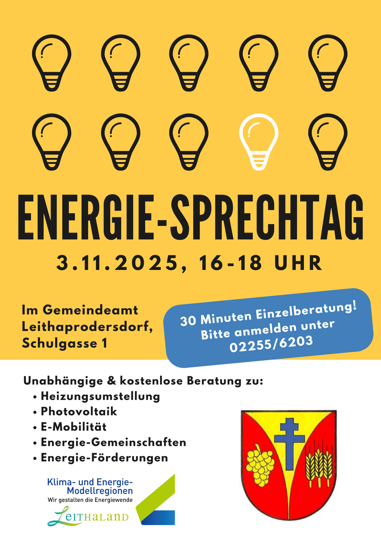 Poster for Energy Speech Day on November 3, 2025, from 4-6 PM. Free and independent consultation in the community office. Topics include heating systems, photovoltaics, e-mobility, energy cooperatives, and energy subsidies. Contact 02255/6203 for registration.