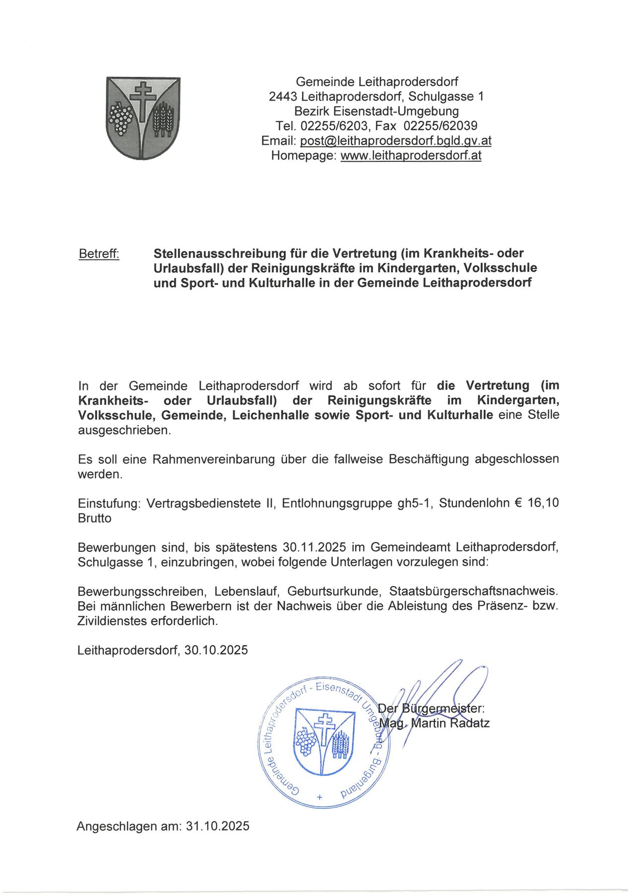 A job posting for representation (sick leave or vacation) of cleaning staff in kindergarten, elementary school, community, ice rink, and sports and cultural halls in the community of Leithaprodersdorf. Applications are due by November 30, 2025.
