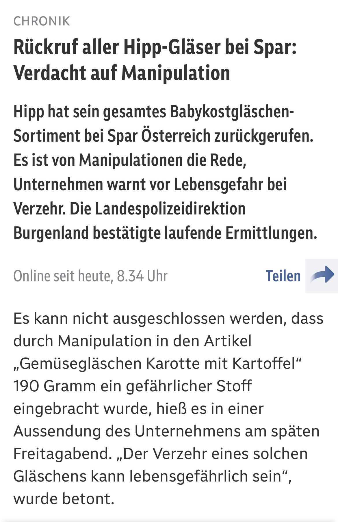 Hipp has recalled its entire baby bottle assortment from Spar Austria due to potential manipulation. Companies warn of life-threatening risks in consumption. The Landespolizeidirektion Burgenland confirms ongoing investigations. Online since today, 8:34 AM. Share.
