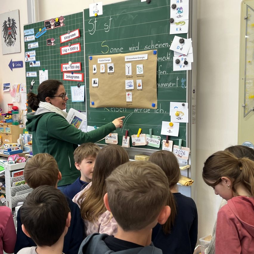 Eine Frau zeigt auf eine Pinnwand mit Kindern vor ihr in einem Klassenzimmer. Die Tafel hat viele angeheftete Gegenstände, darunter Diagramme, ein Buch und etwas Text.