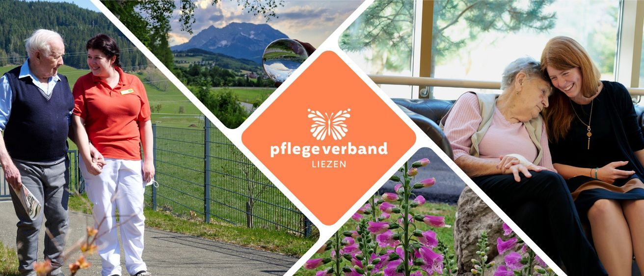 Ein orangefarbenes Quadrat mit dem Logo des Pflegeverbandes Liezen, einem Schmetterling und Text. Im Hintergrund Landschaft, Straße, Zaun, Blumen und ein Busfenster.