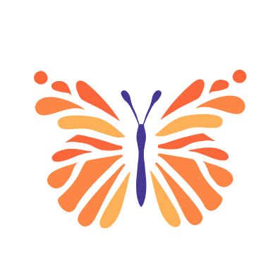 Ein lebhaftes Schmetterlingslogo mit orangen und gelben Flügeln und einer blauen Antenne. Die Flügel sind in mehrere Abschnitte mit Farbspritzern unterteilt.
