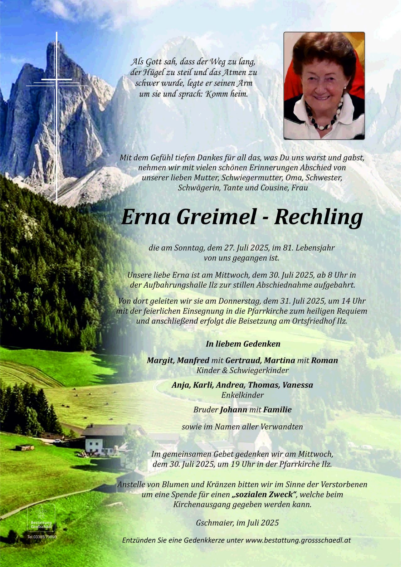 Ein Nachruf auf Erna Greimel-Rechling, die im Alter von 81 Jahren verstarb. Es werden Details über ihre Beerdigung, den Begräbnisort und die Gedenkfeier angegeben.