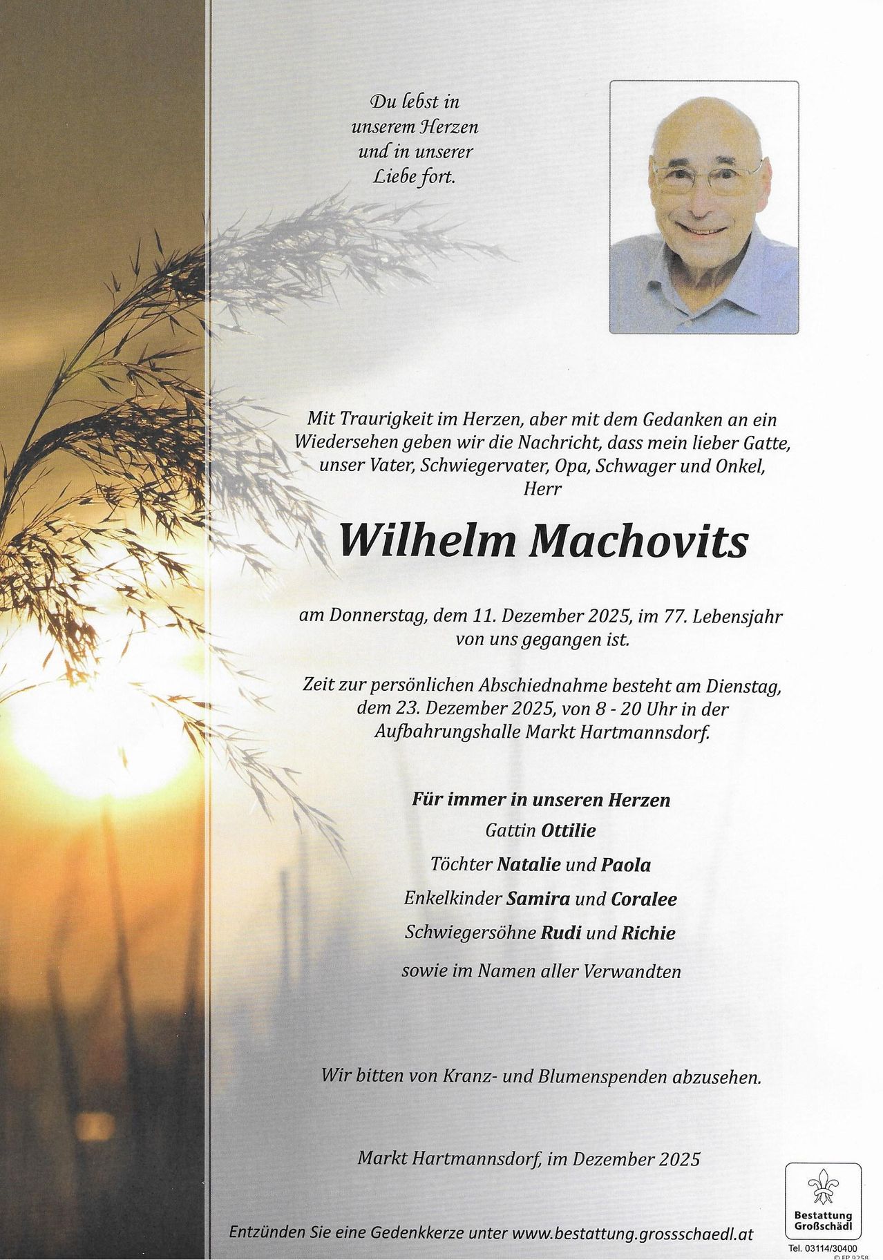 Eine Traueranzeige zeigt ein Bild von Herrn Wilhelm Machovits, der am 11. Dezember 2025 im Alter von 77 Jahren verstorben ist. Persönlicher Abschied am 23. Dezember 2025 von 8-20 Uhr in der Aufbahrungshalle Markt Hartmannsdorf.
