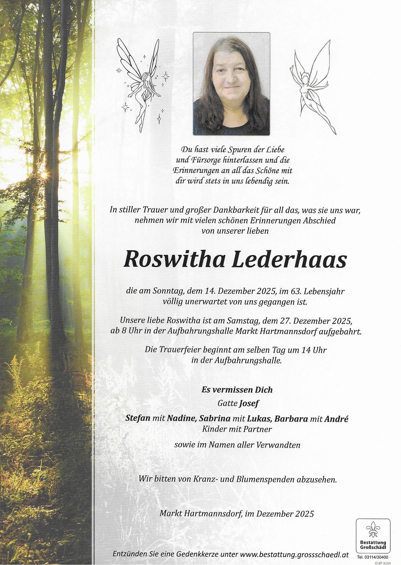 Ein Gedenkposter für Roswitha Lederhaas, die am 14. Dezember 2025 im Alter von 63 Jahren verstarb. Die Abschiedsfeier ist für den 27. Dezember 2025 um 20 Uhr in der Trauerhalle Markt Hartmannsdorf geplant. Die Familie bittet stattdessen um Spenden anstelle von Blumen.