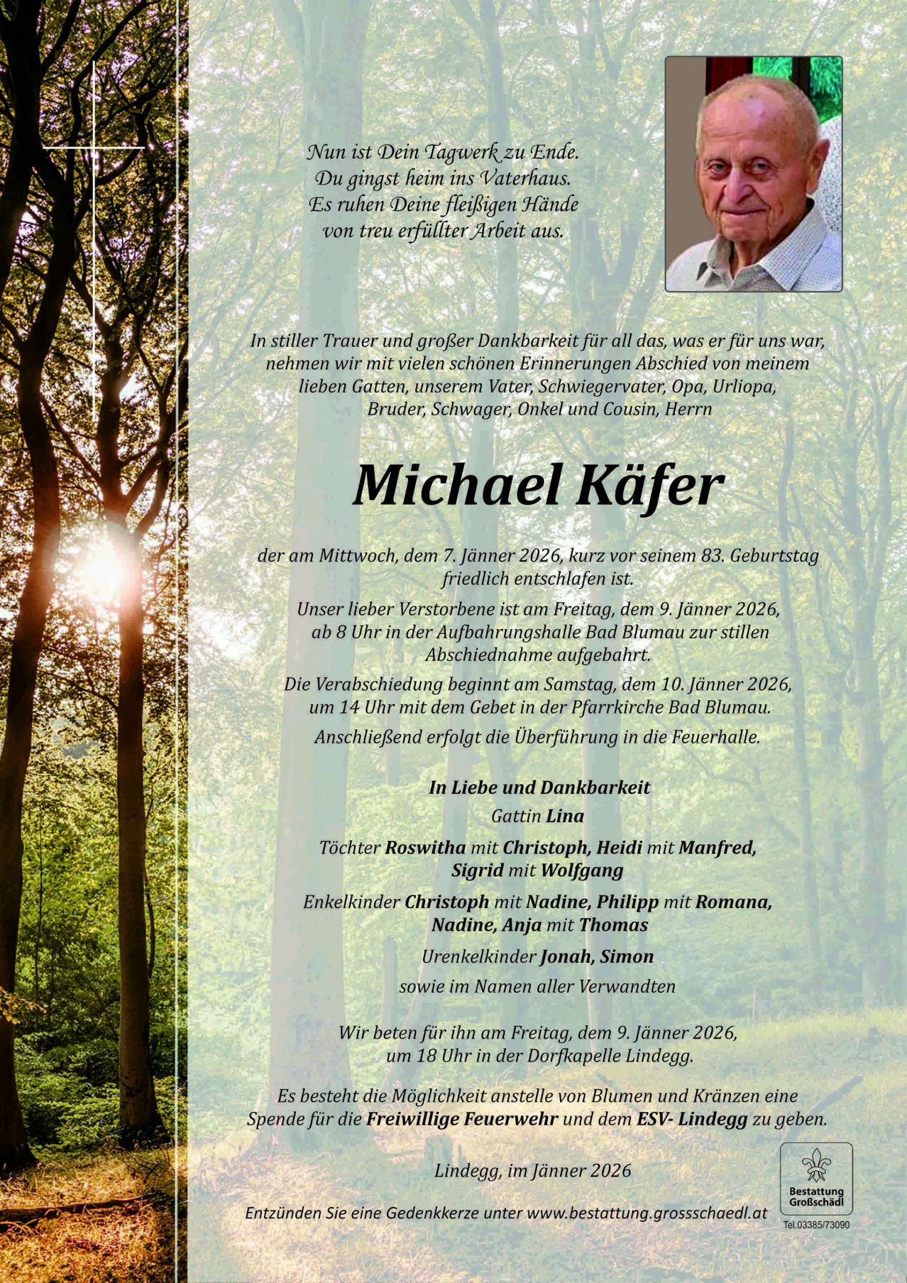 Ein Traueranzeige-Poster für Michael Käfer, der am 7. Januar 2026 verstarb. Die Abschiedsfeier findet am 9. Januar 2026 um 8 Uhr im Krematorium Bad Blumau statt. Die Beerdigung erfolgt am 10. Januar 2026 um 14 Uhr in der Pfarrkirche Bad Blumau.
