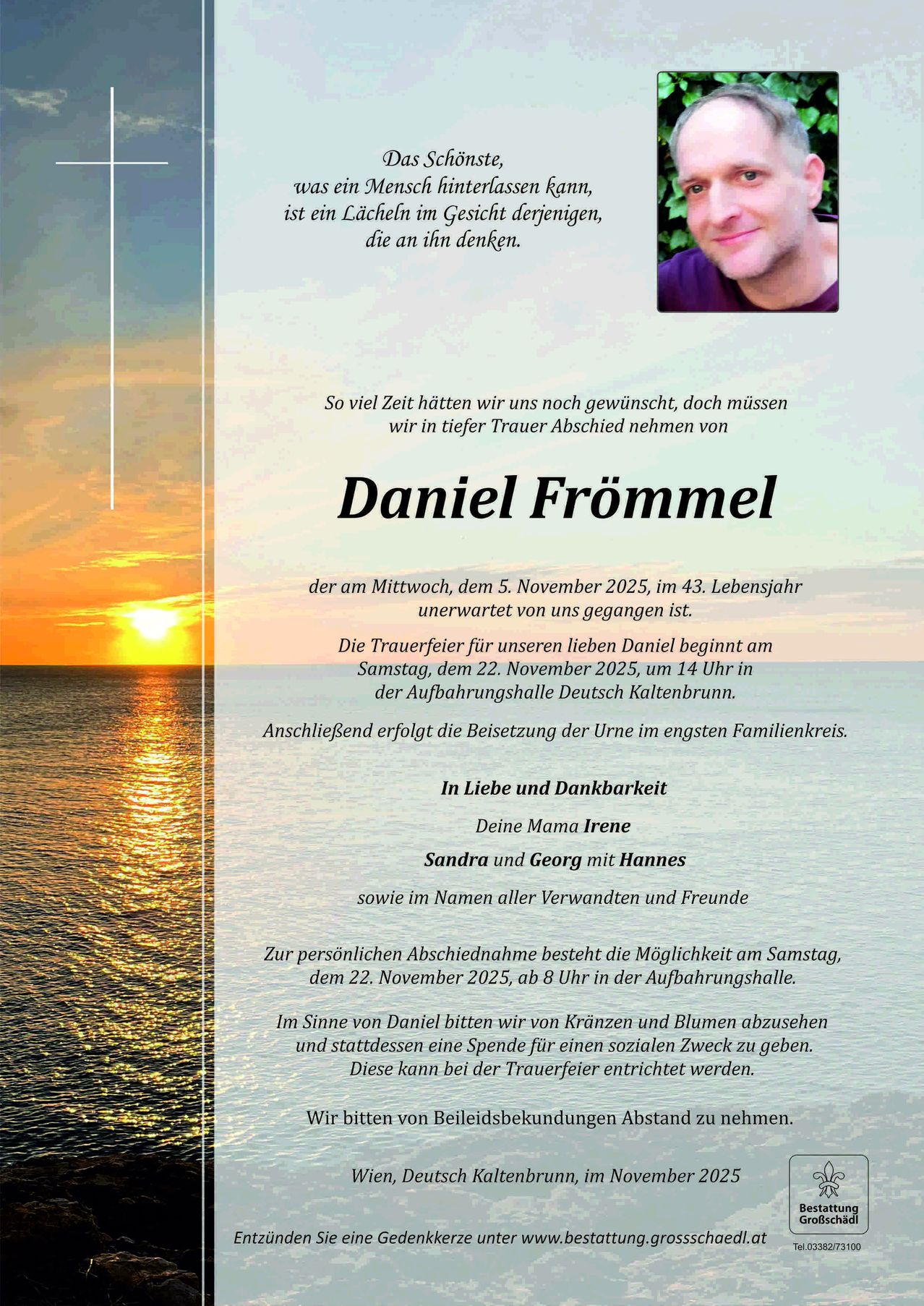 Funeral announcement for Daniel Frömmel who passed away on November 5, 2025. The mourning period starts on November 22, 2025. A donation can be made in lieu of flowers.