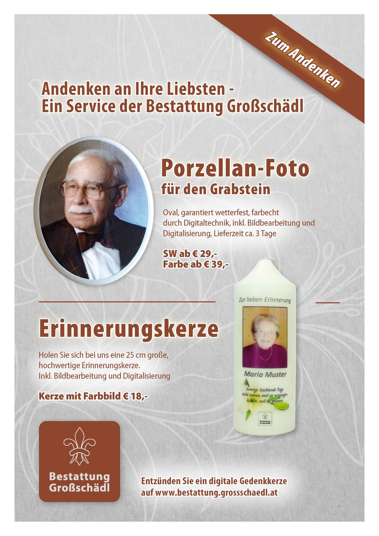 Eine Werbung für Gedenkfeiern. Sie bietet Porzellanfotos und Gedenkkerzen an, mit Preisen ab 29 € für Porzellanfotos und 18 € für Gedenkkerzen. Der Service umfasst Bildbearbeitung und Digitalisierung.
