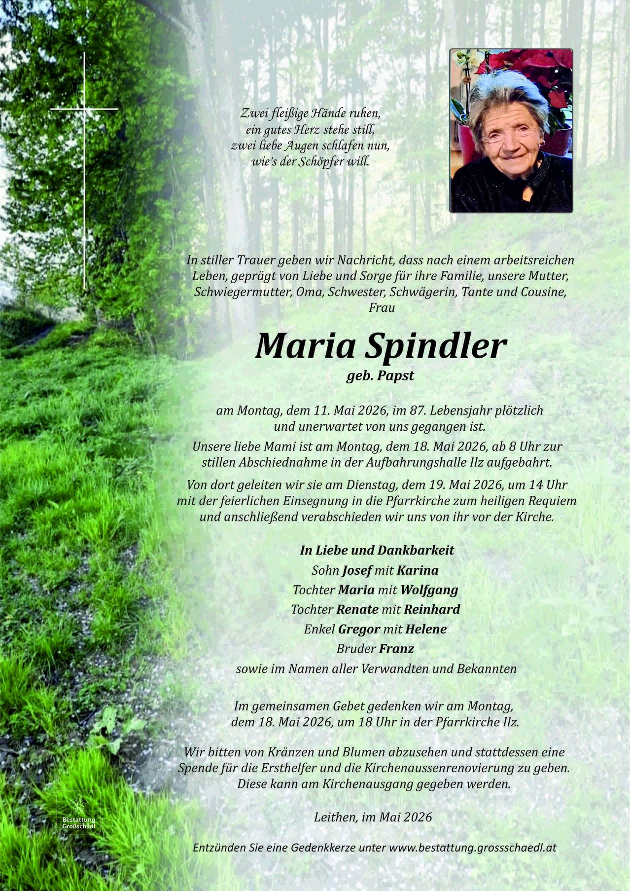Traueranzeige für Maria Spindler, verstorben am 11. Mai 2026. Familienmitglieder sind Joseph, Maria, Renate, Gregor und Franz. Die Gedenkfeier findet am 18. Mai 2026 um 18 Uhr statt.