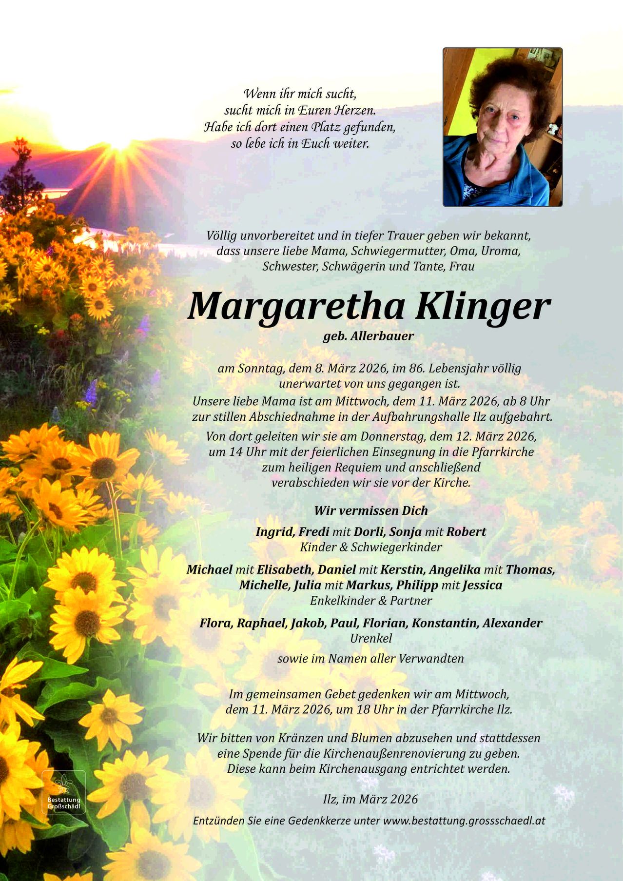 Ein Traueranzeigeposter für Margaretha Klinger, geb. Allerbauer, verkündet ihren Tod am 8. März 2026 im Alter von 86 Jahren. Familie und Freunde werden sich am 12. März 2026 um 14 Uhr in der örtlichen Kirche zur Abschiedsfeier treffen.