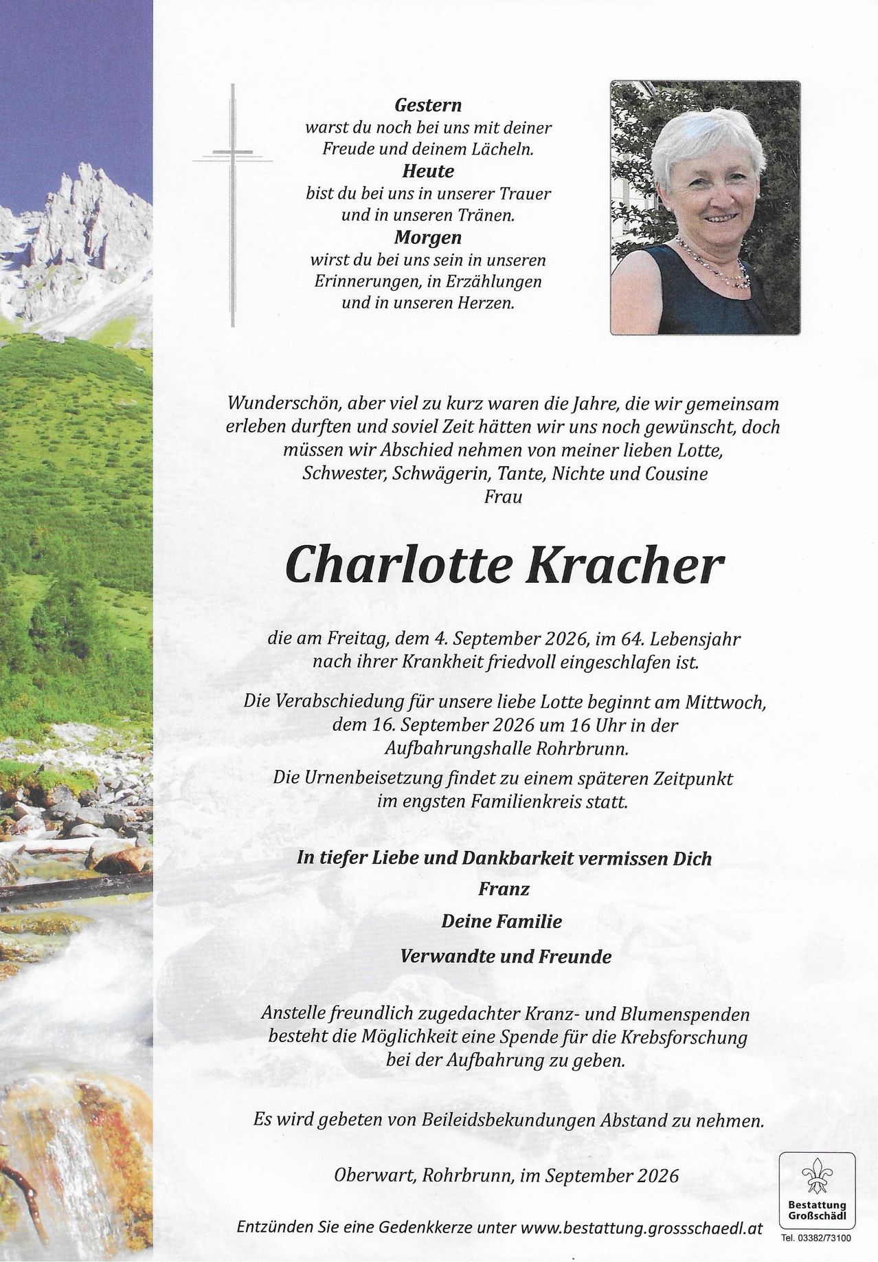 A memorial notice for Charlotte Kracher, who passed away on September 4, 2026, at age 64. The farewell begins on September 16, 2026, at 4 PM at Rohrbrunn crematorium. Family and friends mourn her loss.
