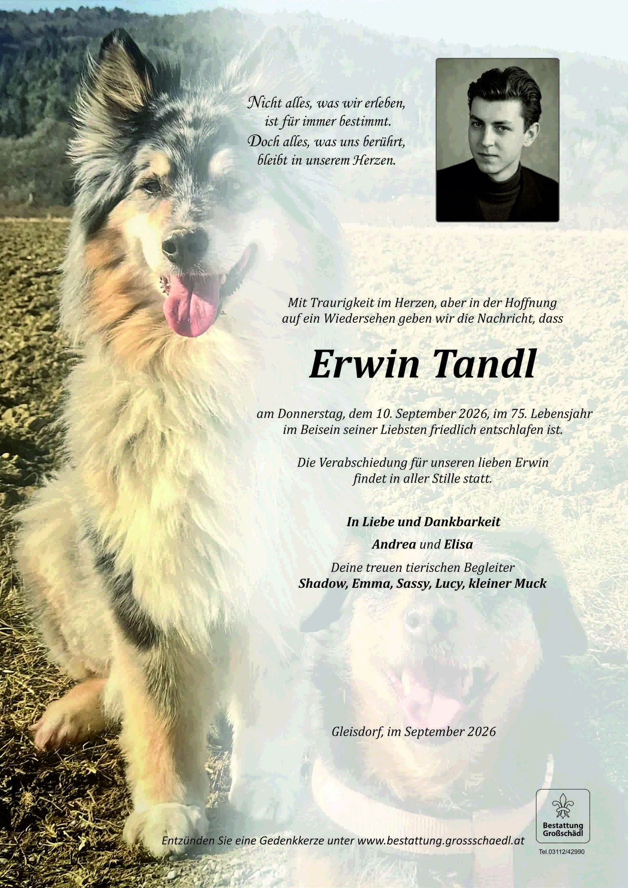 Gedenkposter für Erwin Tandl mit einem Foto von ihm und einem Hund, begleitet von einer gefühlvollen Nachricht seiner Familie.