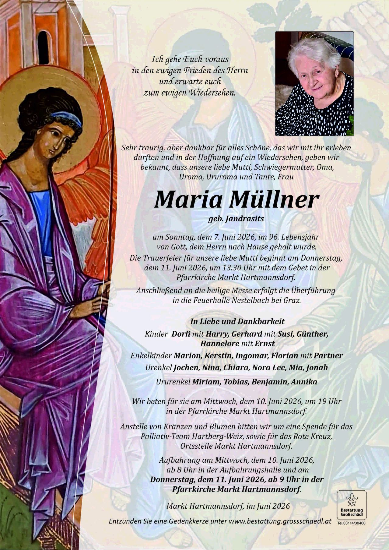 A poster for Maria Muller's memorial. It features a religious figure, her name, and details about her life, death, and family. A date of death and funeral details are provided.