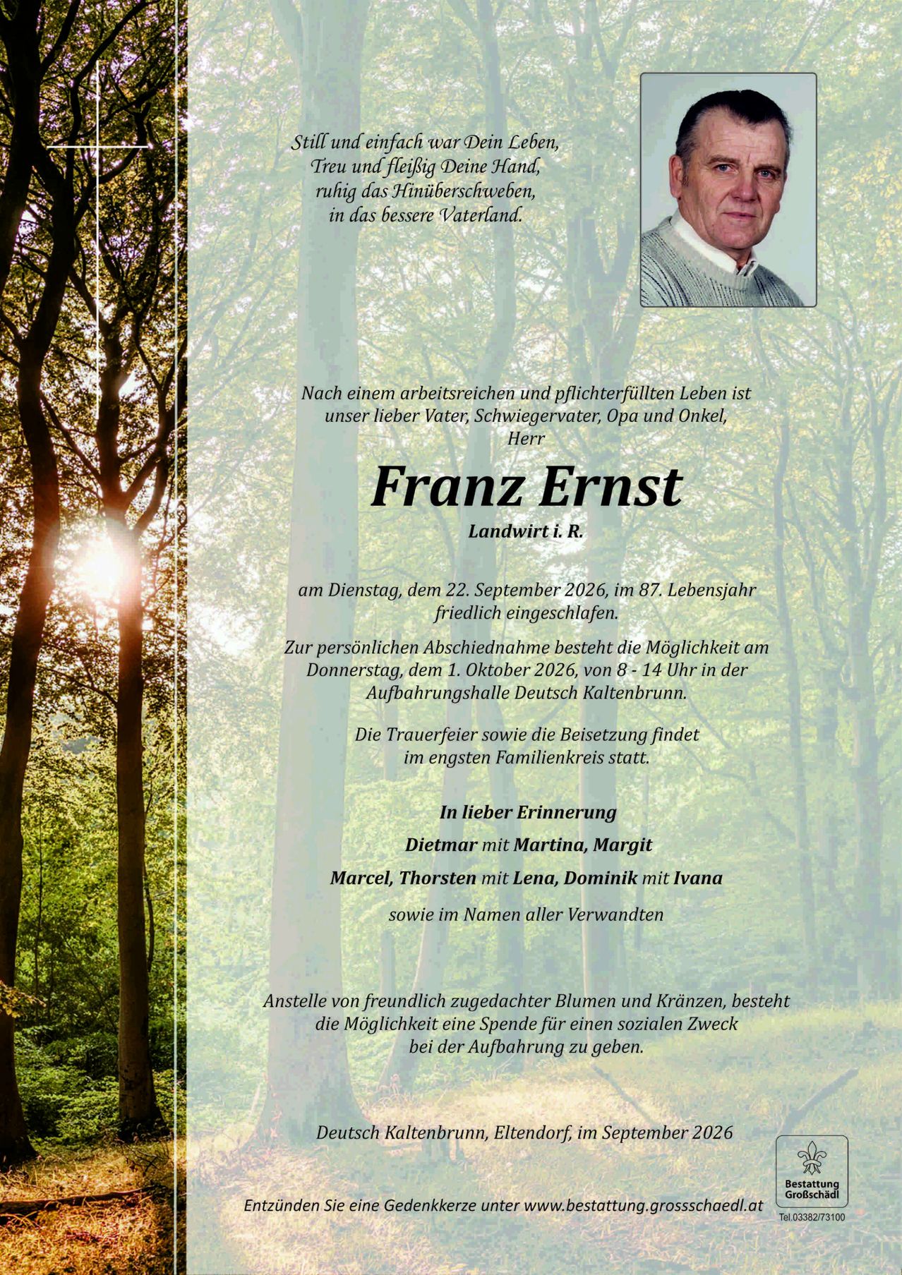 Traueranzeige für Franz Ernst, der am 22. September 2026 verstarb. Familienmitglieder und Freunde nehmen am 1. Oktober 2026 an der Abschiedsfeier teil.