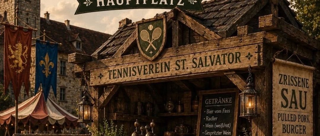 Plakat für die Friesach-Veranstaltung am 25. und 26. Juli 2026 mit einem mittelalterlichen Bar-Design, das Pulled Pork Burger und Getränke anbietet.
