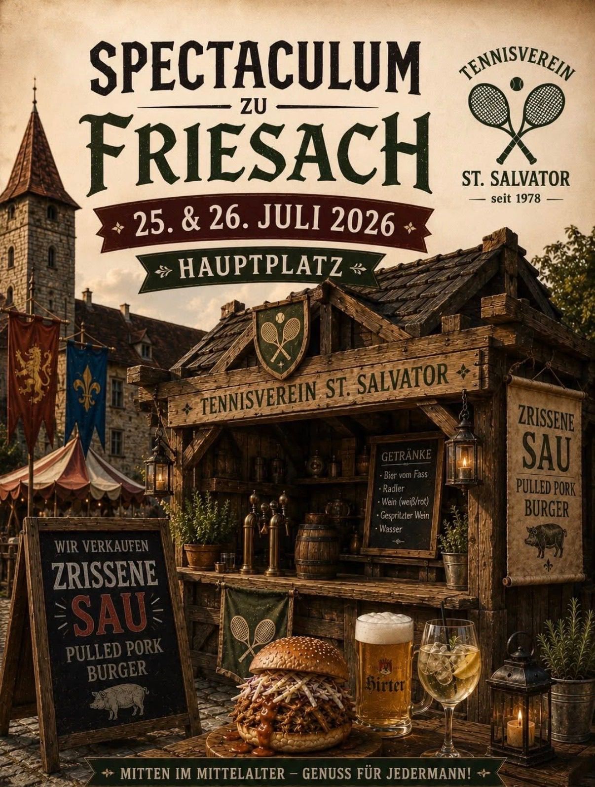 Ein Werbeplakat für die Friesach-Veranstaltung am 25. und 26. Juli 2026 mit einem Holzstand, der Getränke und Essen verkauft, und einer mittelalterlichen Burg im Hintergrund.