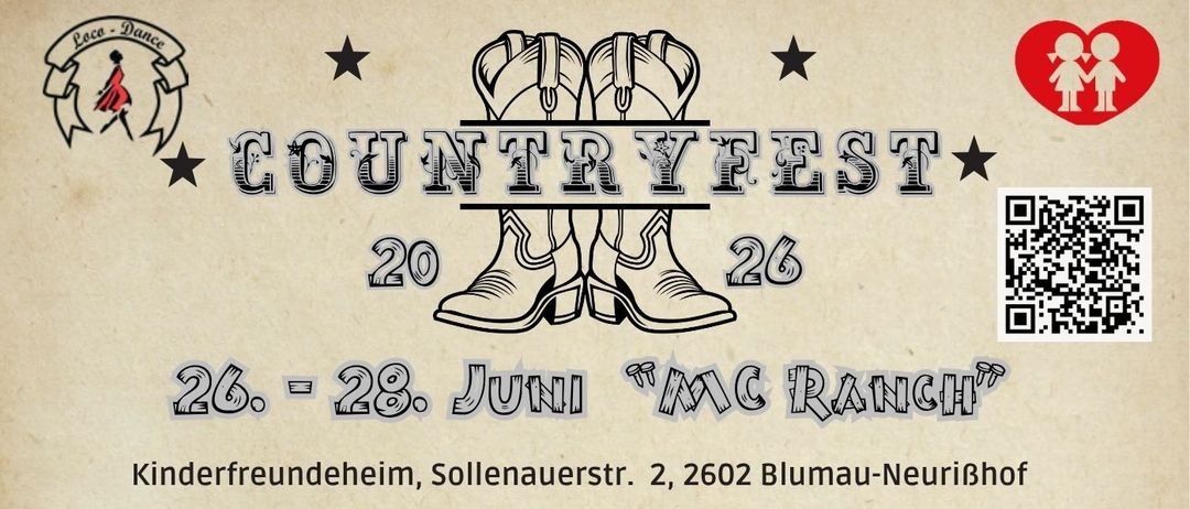 Plakat für MC Ranch mit Livemusik von New West am Freitag, Country-Style Workshops und Livemusik am Samstag sowie einem familienfreundlichen Einkaufstag am Sonntag. Termine und Uhrzeiten für jedes Ereignis sind angegeben.