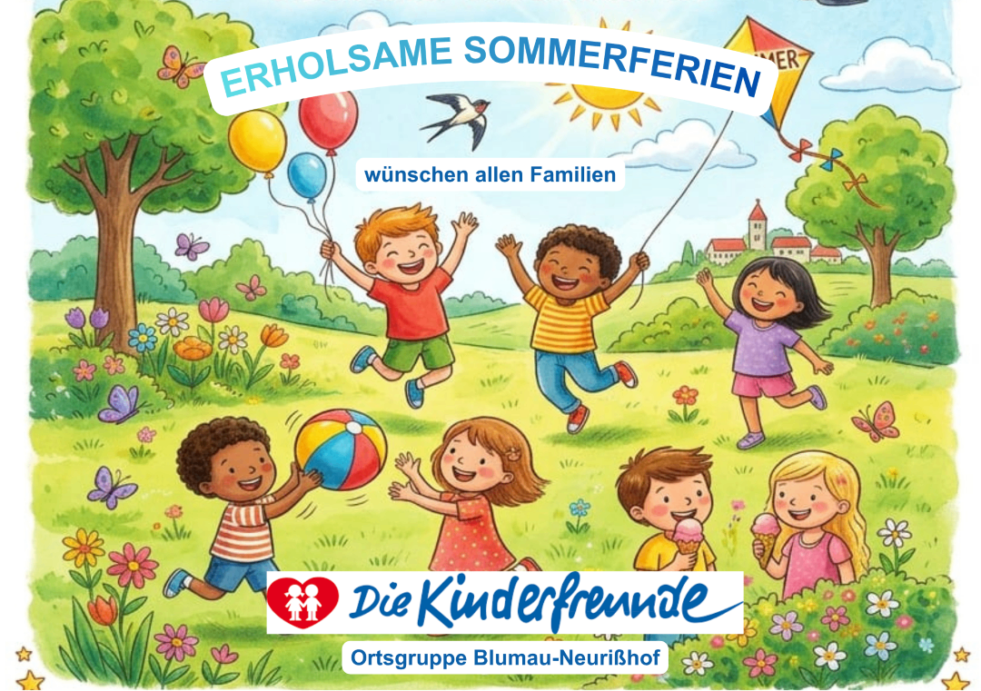 Eine Illustration von Kindern, die im Freien mit Luftballons und Drachen spielen. Der Text lautet 'Erholsame Sommerferien' und 'wunschen allen Familien'. Es fördert eine Botschaft für eine erholsame Sommerpause für alle Familien.