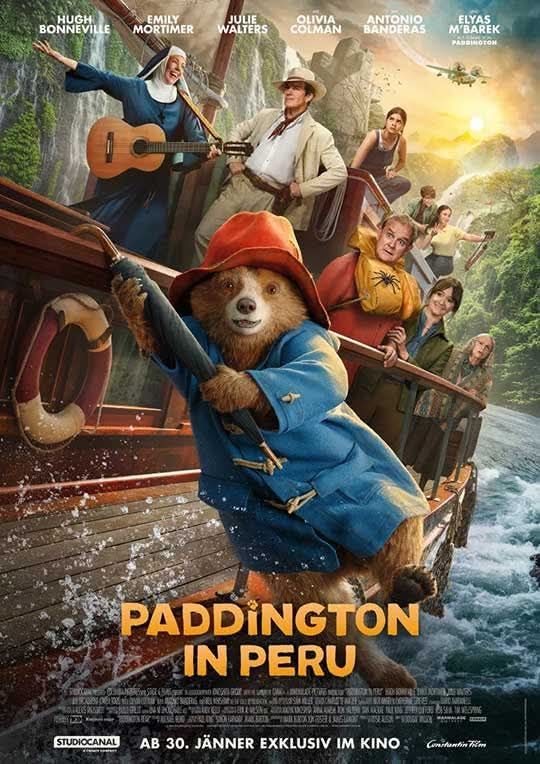 Filmplakat für 'Paddington in Peru'. Es zeigt eine Gruppe von Menschen auf einem Boot, wobei ein Bär in einem Hut rudert. Hinter dem Bären stehen weitere Personen auf dem Boot. Im Hintergrund befindet sich ein Wasserfall und ein Flugzeug. Das Plakat hat einen Wasserzeichen im unteren linken Bereich.