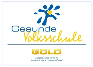 Logo für Gesunde Volksschule Gold, ausgezeichnet durch die Service Stelle Schule der NOGKK, mit einer stilisierten Figur und einem Herz.