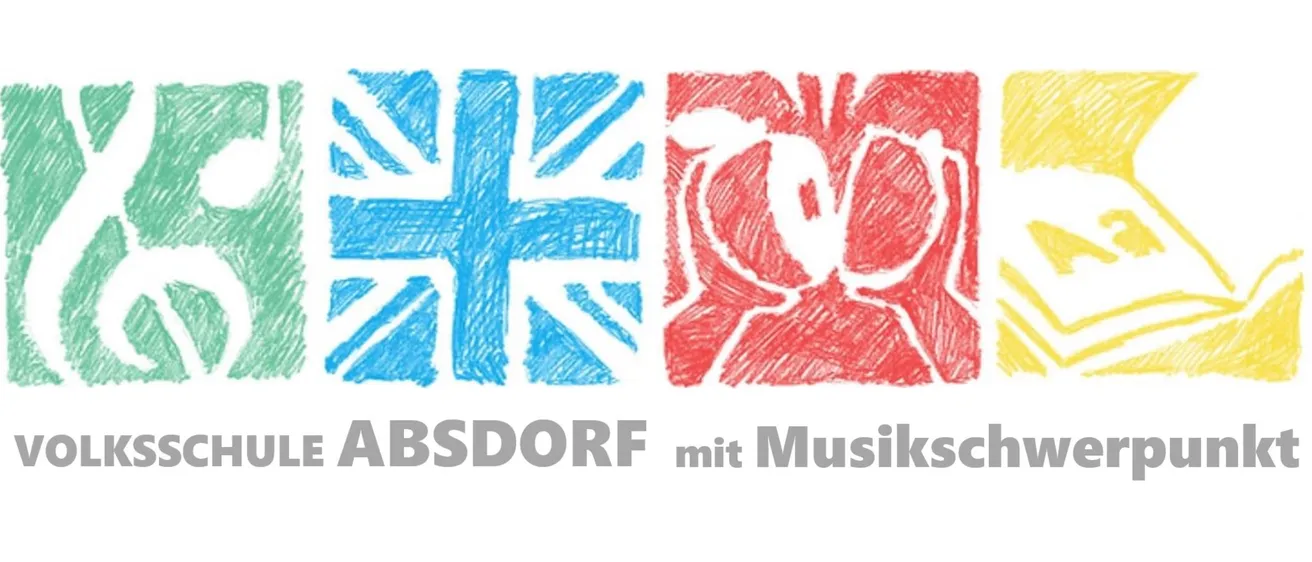 Das Bild zeigt ein Dorf namens Absdorf mit Symbolen: eine britische Flagge, ein roter Kreis und ein gelbes Quadrat. Darunter steht der Text 'mit Musikschule'.