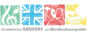 Das Bild zeigt ein Dorf namens Absdorf mit Symbolen: eine britische Flagge, ein roter Kreis und ein gelbes Quadrat. Darunter steht der Text 'mit Musikschule'.