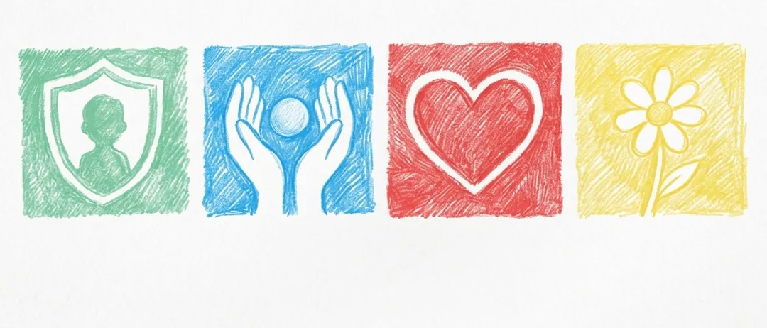 Eine Reihe von handgezeichneten Symbolen: ein grüner Schild, ein blaues Paar Hände, die einen Ball halten, ein rotes Herz und ein gelbes Symbol. Jedes Symbol befindet sich in einem quadratischen Rahmen.
