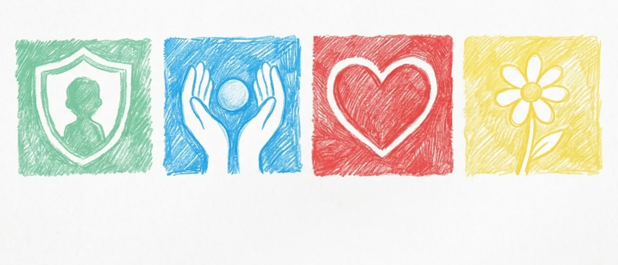 Eine Reihe von handgezeichneten Symbolen: ein grüner Schild, ein blaues Paar Hände, die einen Ball halten, ein rotes Herz und ein gelbes Symbol. Jedes Symbol befindet sich in einem quadratischen Rahmen.