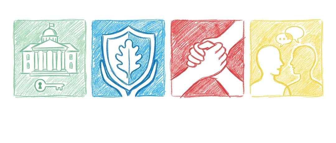 Vier Symbole in einer Reihe. Das erste ist ein grünes Haus, das zweite ein blauer Schild mit einem Eichenblatt, das dritte zwei rote Hände, die sich schütteln, und das vierte ein gelber Kreis.
