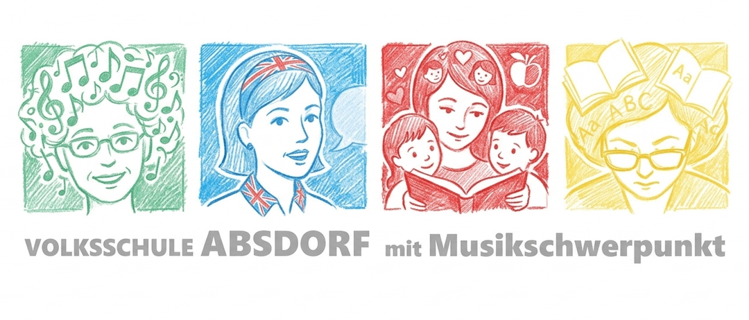 Illustrationen einer Frau mit einer UK-Flagge, Kindern beim Lesen, einem Apfel und Musiknoten. Der Text lautet 'ULE ABSDORF mit Musikschw'.
