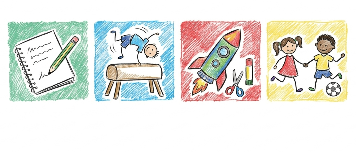 Vier bunte Zeichnungen: ein Bleistift, ein Turner auf einer Sprungscheibe, eine Rakete und ein laufendes Mädchen.