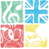 Eine Collage aus vier verschiedenen Symbolen: grüne Noten, blaue Union Jack, roter Apfel und gelbes Buch mit 'A2' darauf geschrieben.
