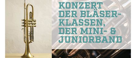 Ein Plakat zeigt eine Trompete mit dem Text 'Konzert der Bläser-Klassen, der Mini- & Juniorband'. Darunter steht 'Mittwoch, 25/03/26, 17:00 Uhr, Haus der Musik Grafenworth'. Der Moderator ist Markus King.