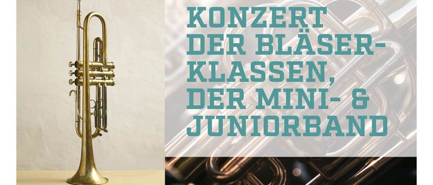 Ein Plakat zeigt eine Trompete mit dem Text 'Konzert der Bläser-Klassen, der Mini- & Juniorband'. Darunter steht 'Mittwoch, 25/03/26, 17:00 Uhr, Haus der Musik Grafenworth'. Der Moderator ist Markus King.