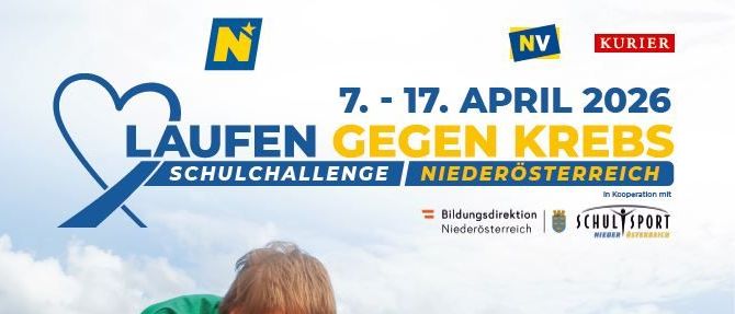 Plakat für eine Laufchallenge gegen Krebs in Niederösterreich. Es zeigt Kinder in sportlichen Posen und betont die Teilnahme für einen guten Zweck. Das Plakat hebt verschiedene Kategorien und Distanzen für verschiedene Altersgruppen hervor und ermutigt Schulen und Kindergärten zur Teilnahme.