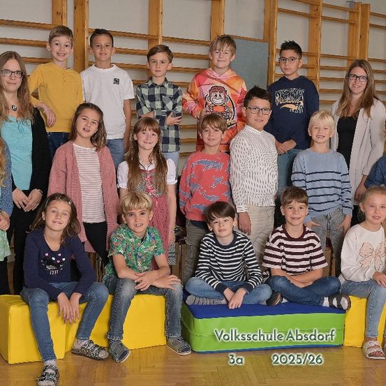 Eine Gruppe von Kindern und Erwachsenen steht und sitzt in einem Klassenzimmer, einige mit Brille, mit einer Holzstruktur und Boden. Ein Schild zeigt 'Volksschule Abssdorf 3a 2025/26'.