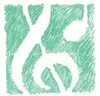 Ein handgezeichnetes grünes Symbol mit einem weißen kreisförmigen Design in der Mitte, das einer stilisierten Figur ähnelt.