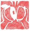 Eine rote Skizze mit weißen Umrissen bildet ein stilisiertes Gesicht mit Augen und Nase. Die Skizze ist unvollständig, mit einigen Bereichen, die leer gelassen wurden. Der Hintergrund ist weiß.