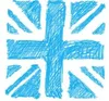Ein handgezeichnetes blaues Kreuz auf weißem Hintergrund, das der Union Jack ähnelt.