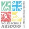 Das Bild zeigt das Logo der Volksschule Absdorf mit vier farbigen Skizzen: einem Musiknotenzeichen, der Union Jack, einem Gesicht und einem Buch. Das Logo enthält den Text 'VOLKSSCHULE ABSDORF' und 'mit Musikschwerpunktpunkt' in der oberen rechten Ecke.