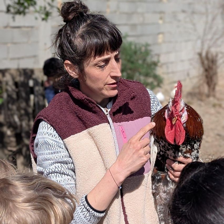 Eine Frau hält einen Hahn in der Hand und zeigt auf ihn, während sie einer Gruppe von Kindern etwas erklärt.