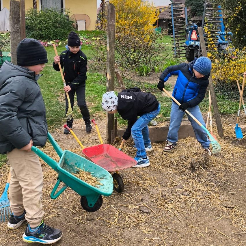 Vier Kinder sind draußen und benutzen Werkzeuge, um einen Garten vorzubereiten. Sie tragen Jacken und Turnschuhe. Ein Kind hält eine Harke und eine mit Heu gefüllte Schubkarre.