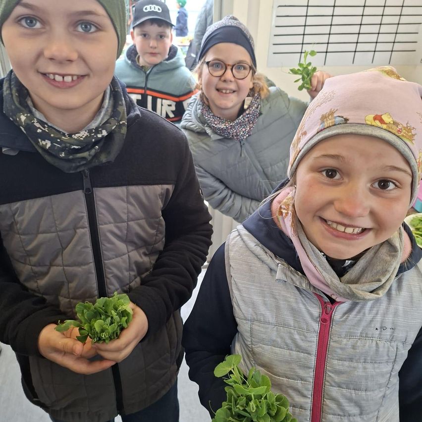 Vier Kinder stehen drinnen, lächeln und halten grüne Blätter. Ein Junge mit grünem Hut hält Blätter. Ein Mädchen mit Brille lächelt hinter ihm. Ein anderes Mädchen mit Winnie-the-Pooh-Mütze lächelt rechts.