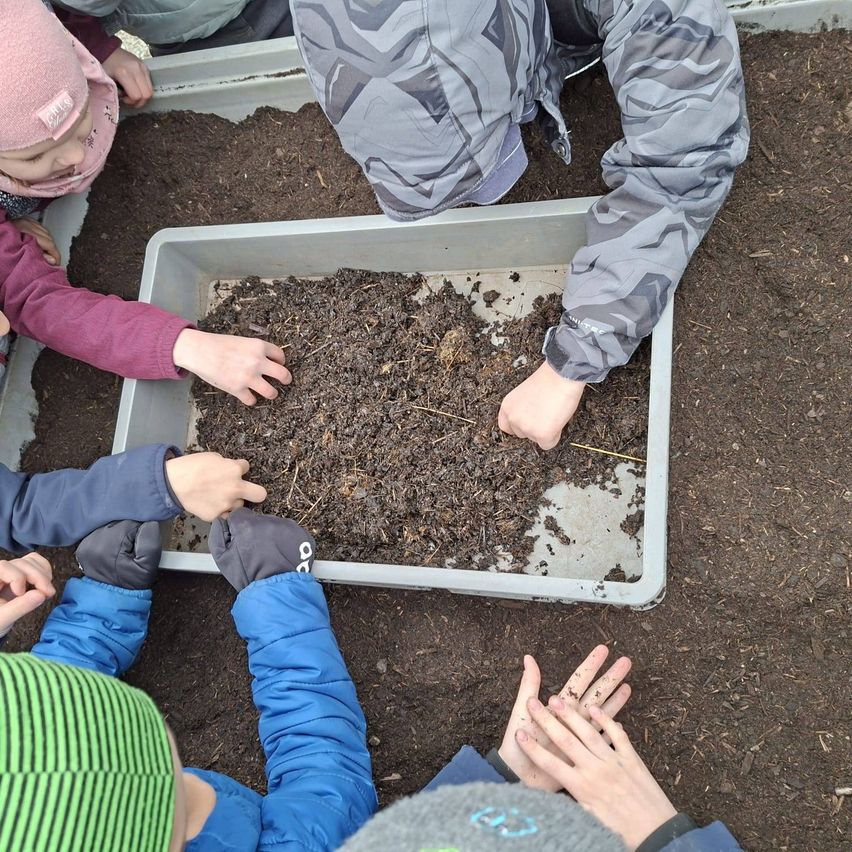 Kinder versammeln sich um eine Schale mit Erde, einige tragen Handschuhe. Sie scheinen die Erde zu erkunden oder darin zu spielen.