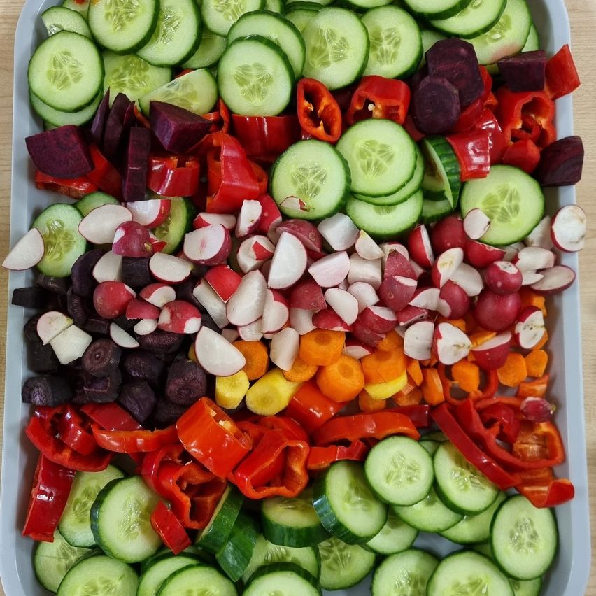 Ein weißer Teller gefüllt mit einer bunten Auswahl an geschnittenen Gemüsen wie Gurken, roten Paprika, Radieschen und Karotten, die in Schichten auf einer Holzoberfläche angeordnet sind.