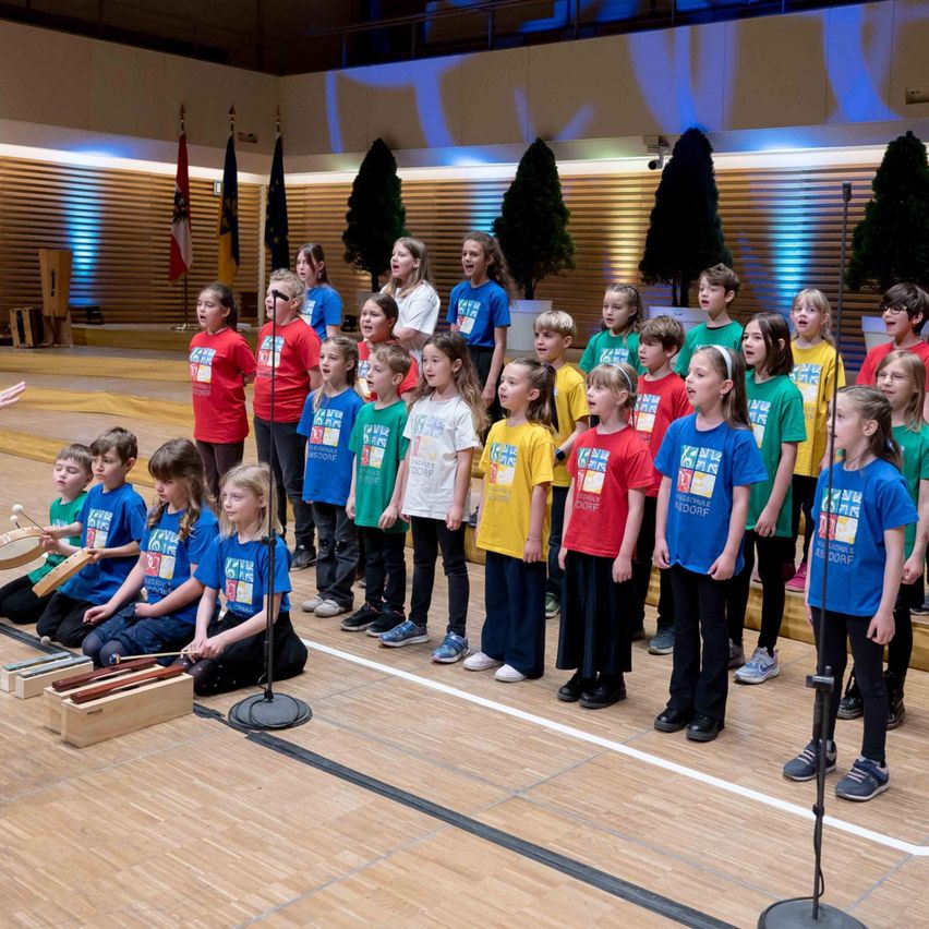 Eine Gruppe von Kindern in passenden Shirts singt auf der Bühne. Einige halten Mikrofone und andere sitzen mit Xylophon. Im Hintergrund befinden sich Flaggen und Topfpflanzen.