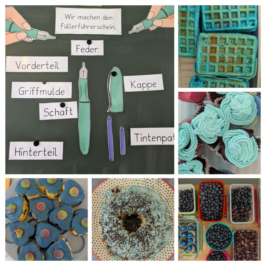 Eine Collage von Bildern, die ein schwarzes Brett mit deutschen Wörtern, einen blauen Stift, einen Cupcake mit Glasur, einen Kuchen und Behälter mit Blaubeeren und anderen Beeren zeigt.