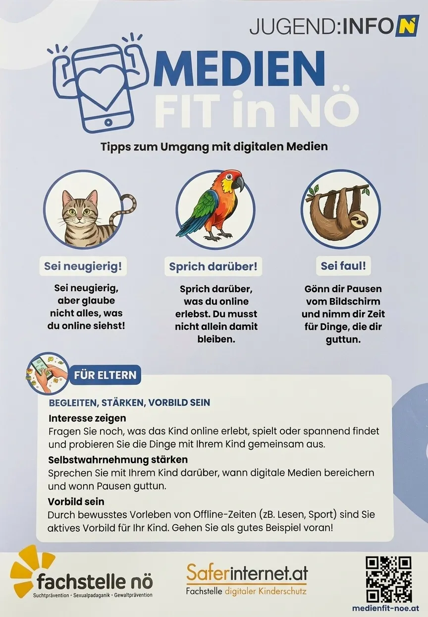 Infografik mit Tipps zum Umgang mit digitalen Medien, mit einer Katze, einem Papagei und einem Faultier. Die Katze sagt 'Sei neugierig!', der Papagei sagt 'Sprich darüber!', und das Faultier sagt 'Gönn dir Pausen'. Das Bild enthält auch Ratschläge für Eltern.