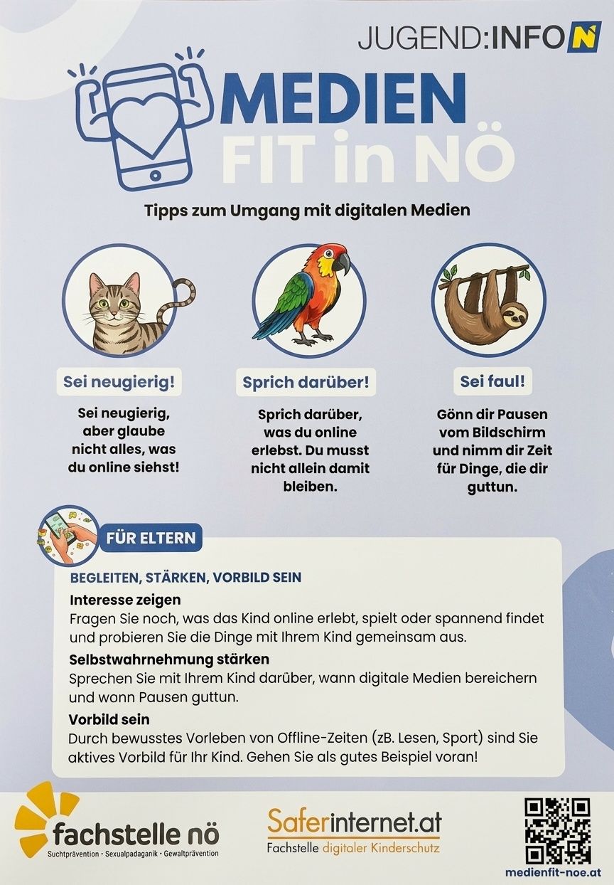 Infografik mit Tipps zum Umgang mit digitalen Medien, mit einer Katze, einem Papagei und einem Faultier. Die Katze sagt 'Sei neugierig!', der Papagei sagt 'Sprich darüber!', und das Faultier sagt 'Gönn dir Pausen'. Das Bild enthält auch Ratschläge für Eltern.